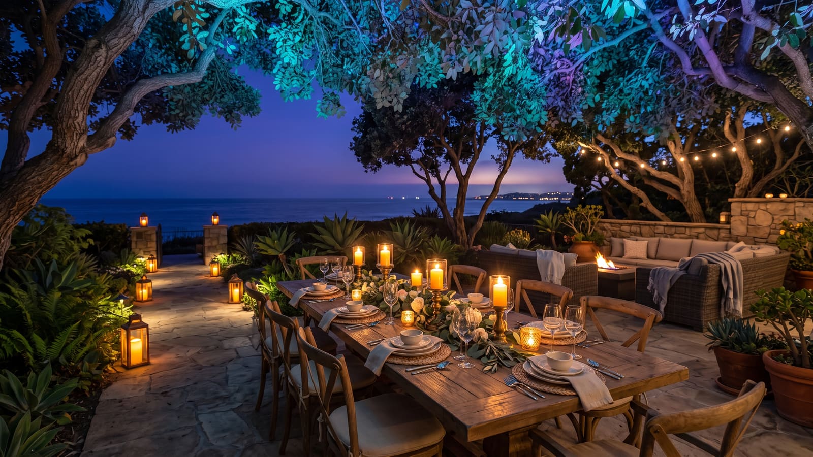 A Bliss light experience scene inspired by Del Mar: gardens and grounds under drifting aurora light
