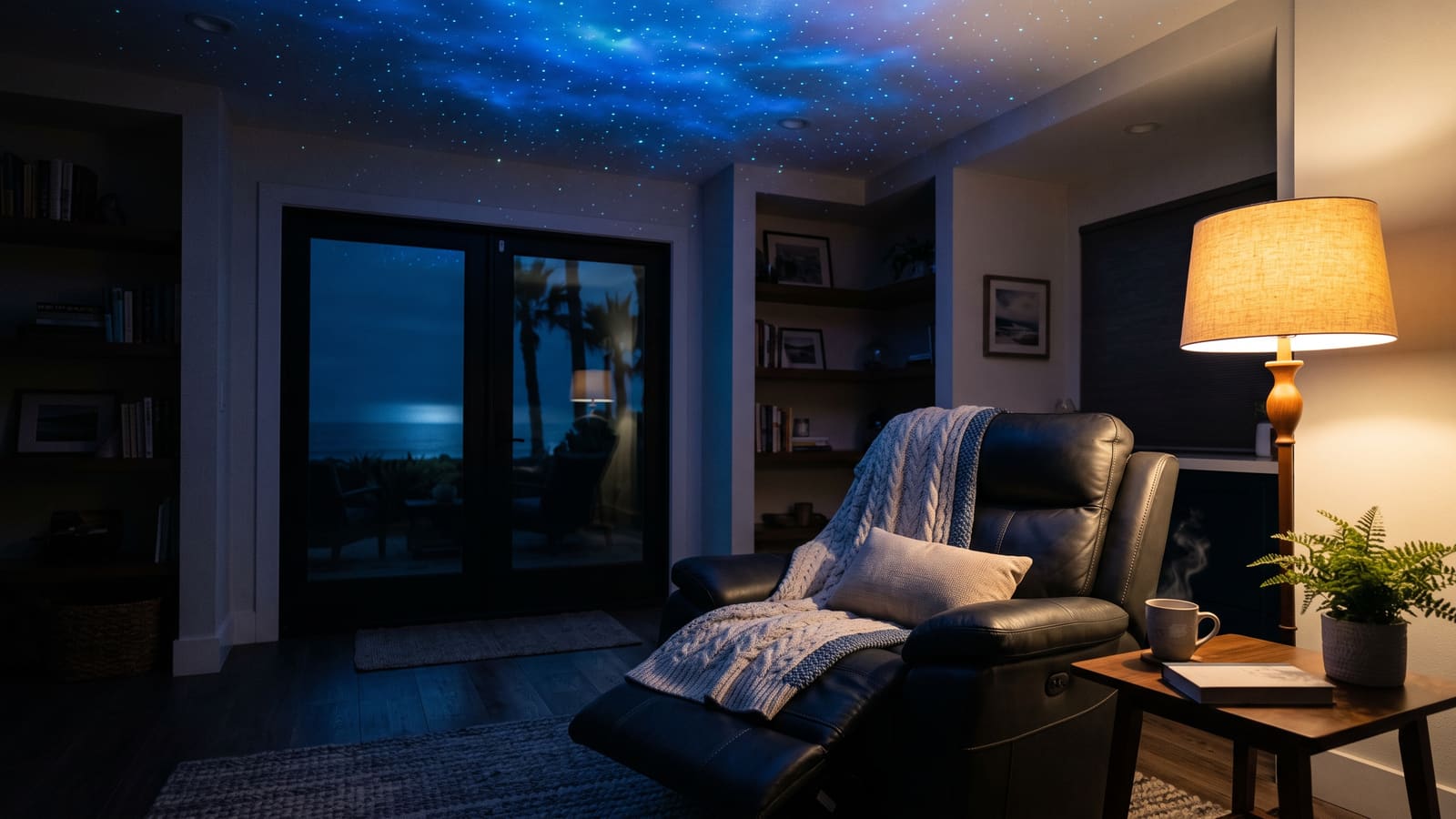 A Bliss light experience scene inspired by Oceanside: a room transformed by galaxy and aurora light