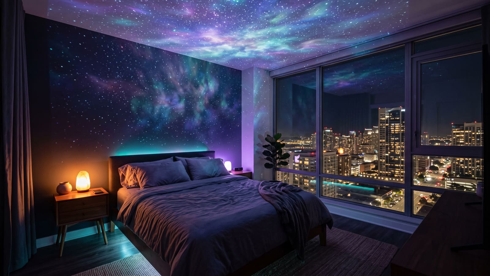 A Bliss light experience scene inspired by San Diego: a room transformed by galaxy and aurora light