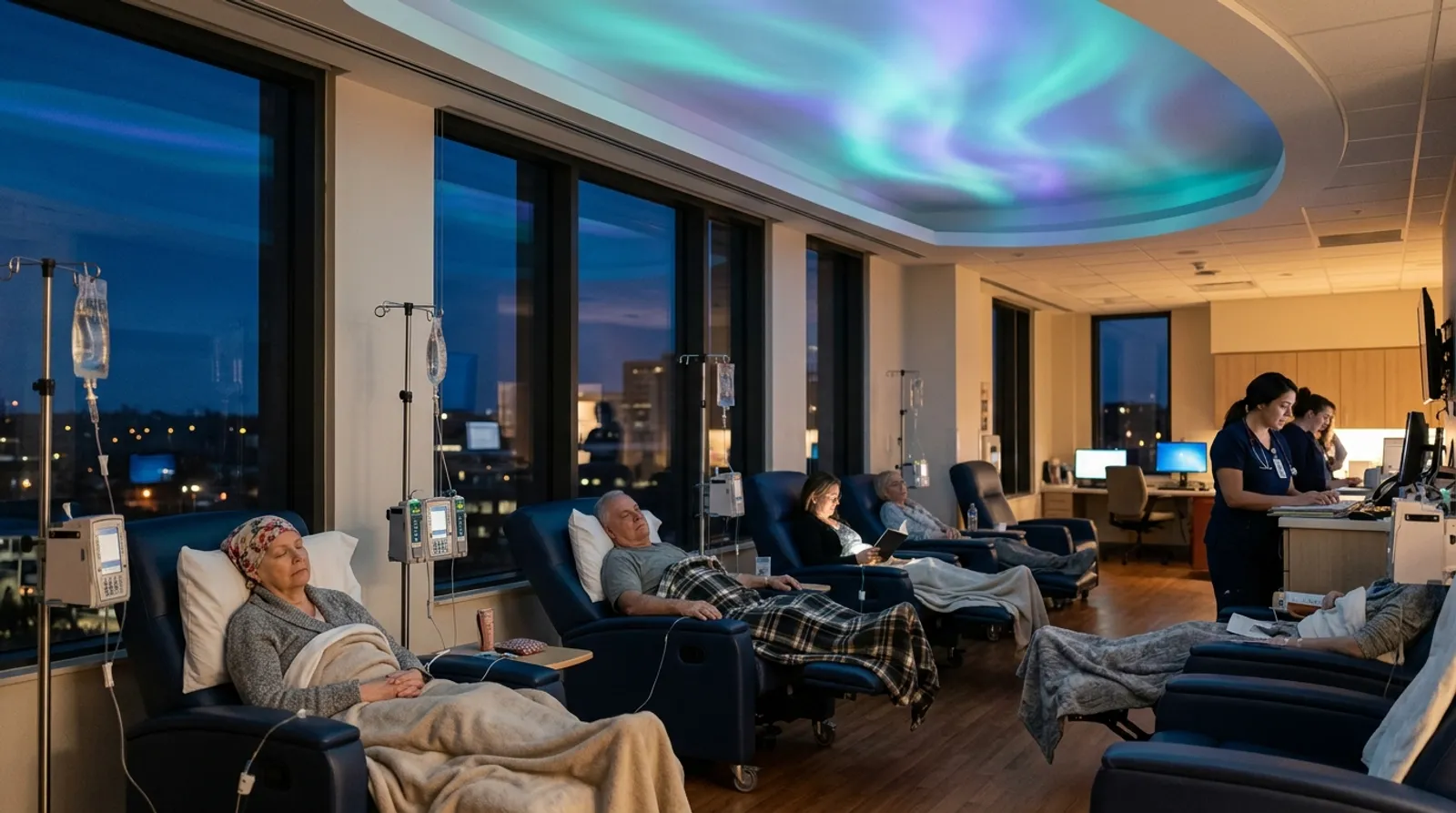 Aurora light drifting across the ceiling of a calm infusion suite at dusk