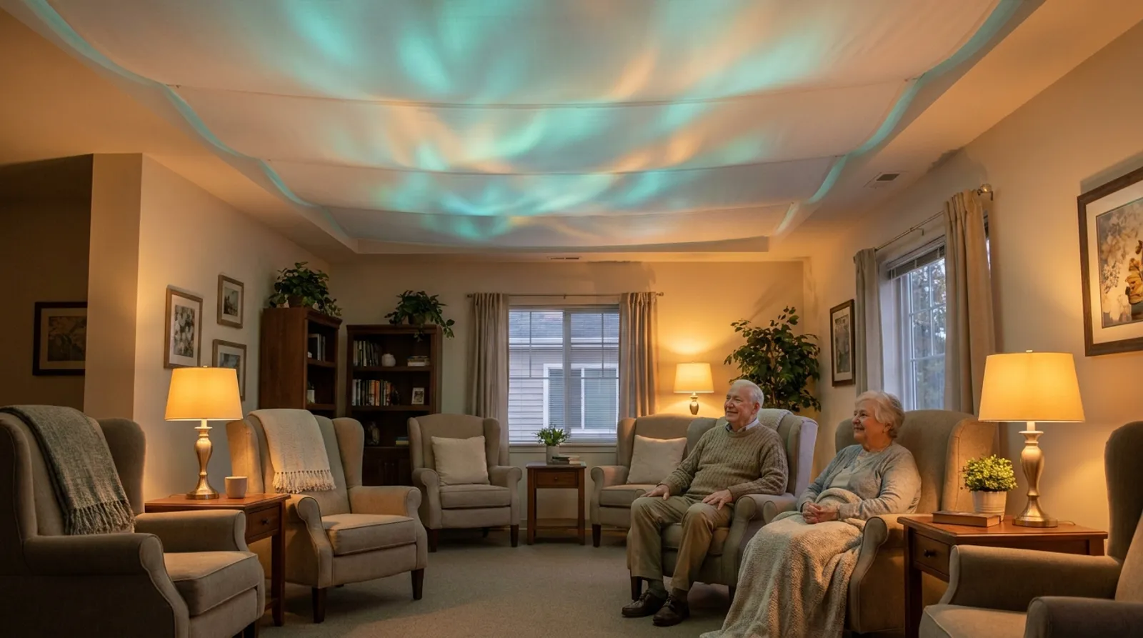 A warm memory care common room under a gentle evening aurora