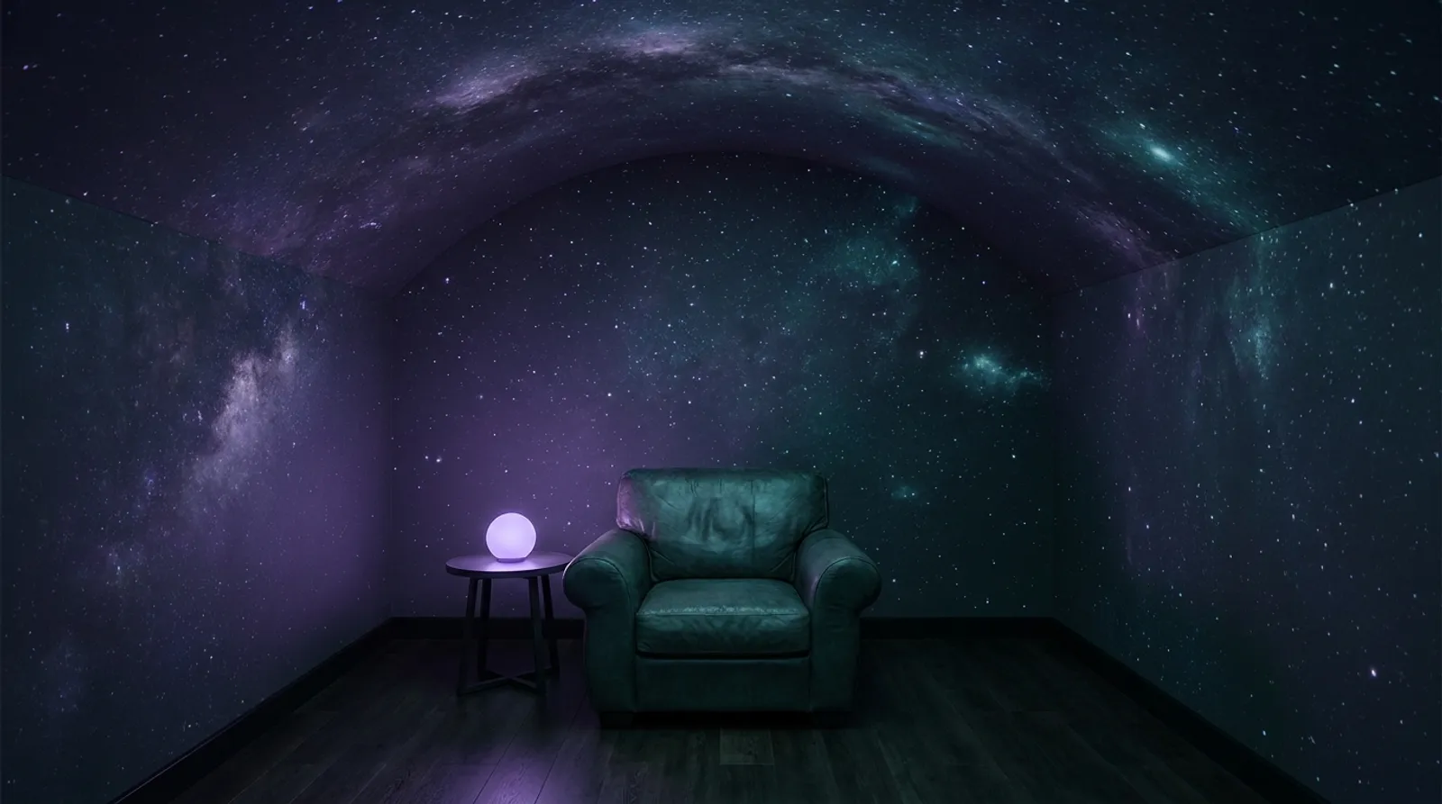 A quiet decompression room wrapped in an indoor starfield