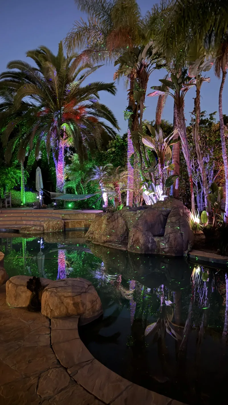A backyard pool, rock, and palms under a permanent ambient light layer at a real installation