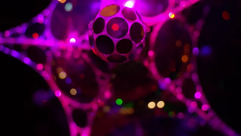 Macro detail of a mirrored ornament surrounded by colorful bokeh light