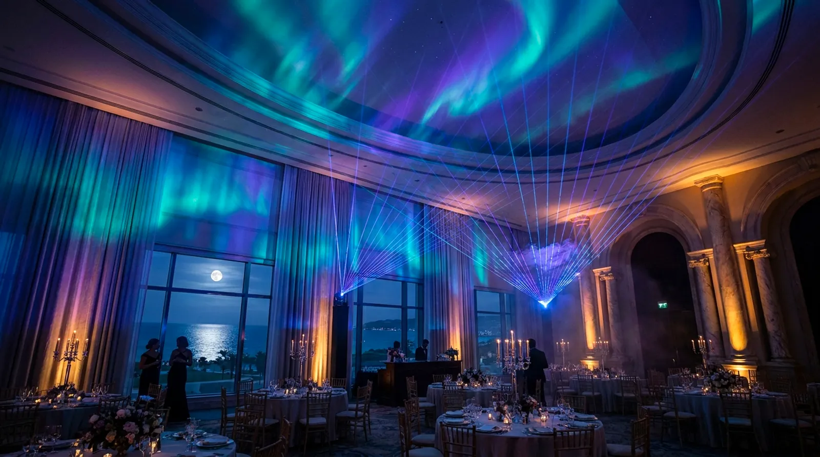 A grand oceanfront hotel ballroom under an aurora ceiling and laser fan, set for an elegant evening event