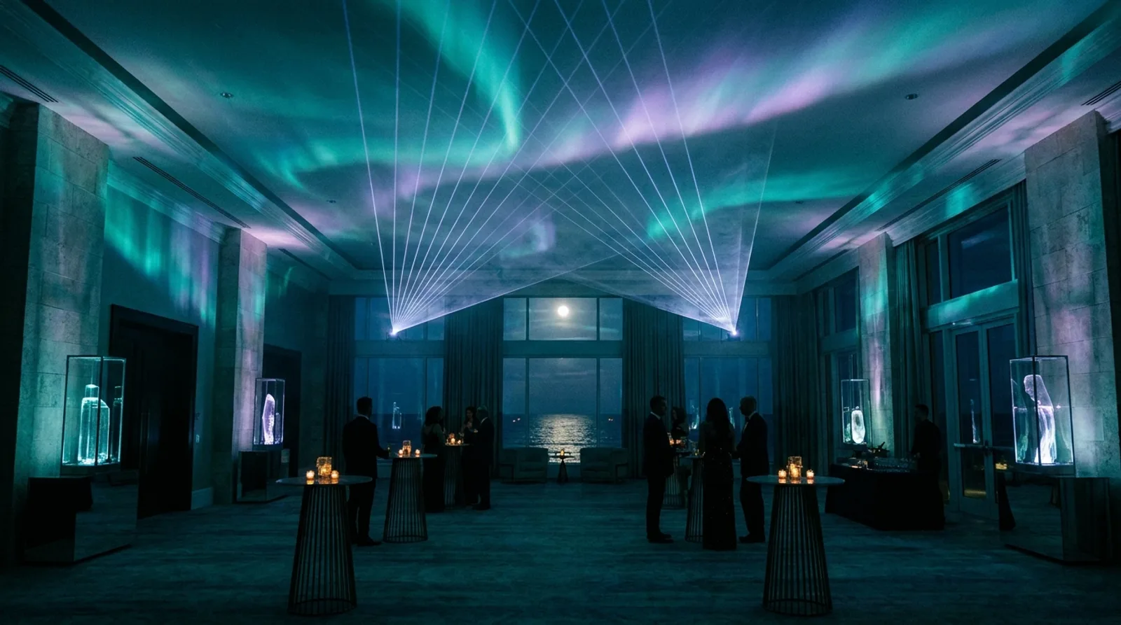 An oceanfront hotel event under an aurora ceiling and precision laser fans