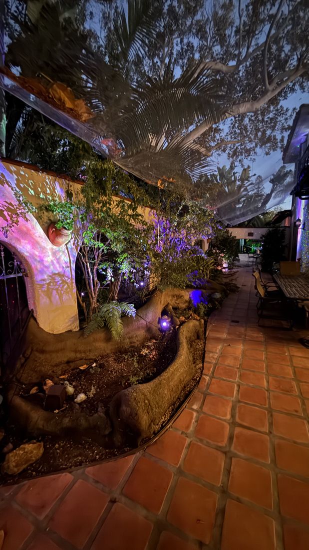 A courtyard install washed in teal and violet light